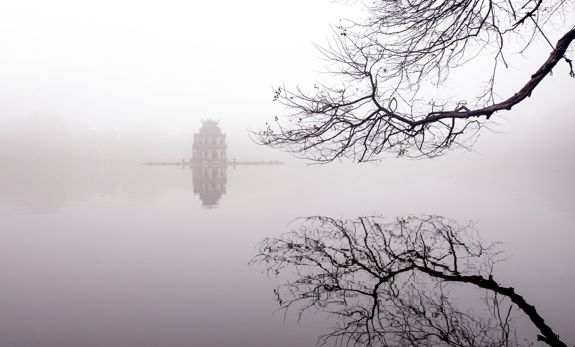 Turtle Tower in the morning mist, Hoan Kiem Lake, Hanoi